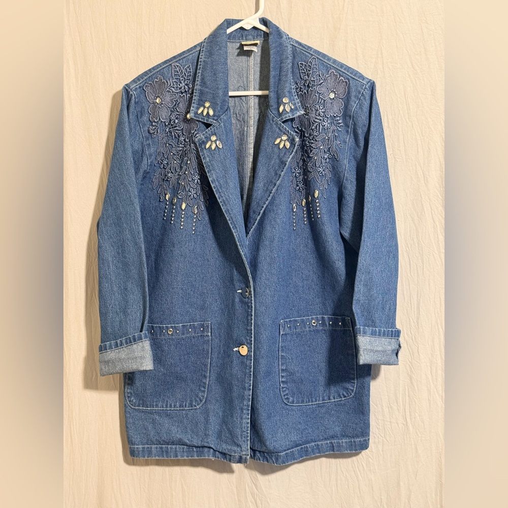 Women’s VintageShacket Cactus Embroidered Rhinestone Floral 100% Cotton USA Made